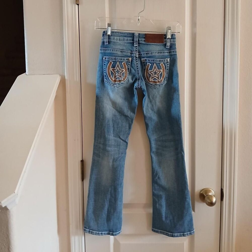 May Lillie denim bootcut jeans horseshoes star embroidered pockets, girls' 8